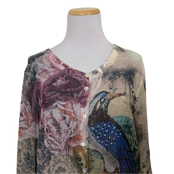 Schiffhauer Munich Tops - Schiffhauer Munich Cardigan Sweater Floral Semi Sheer Jeweled Womens L Art